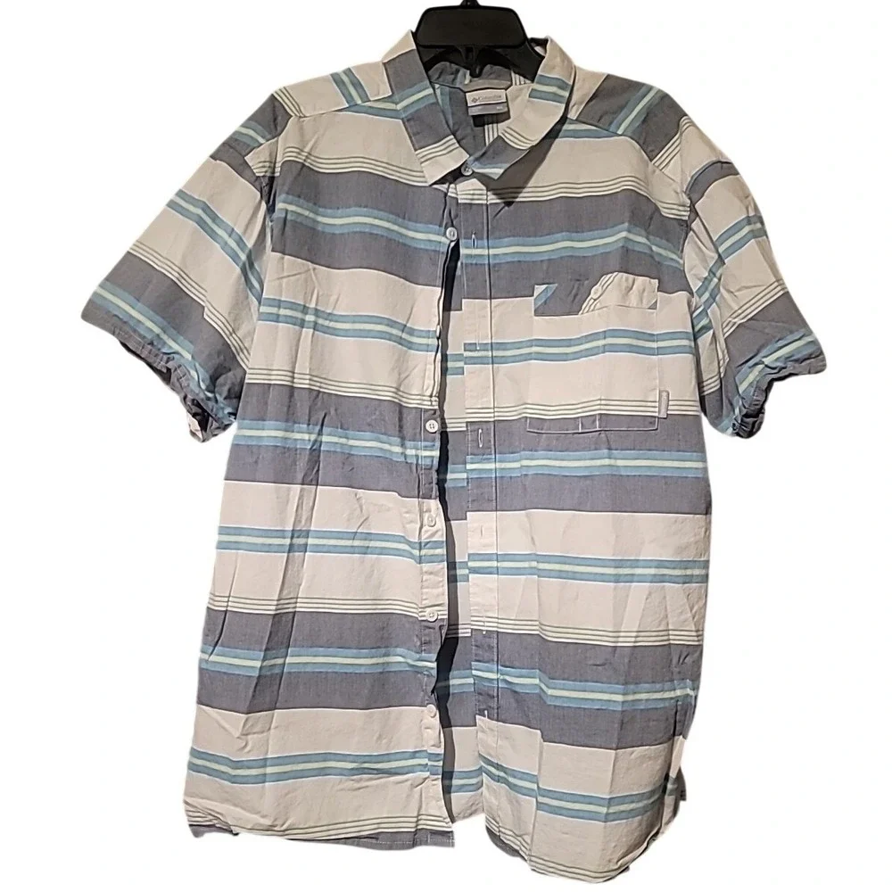 Columbia Mens XXL Blue Striped Short Sleeve Button Down Cotton Shirt RN69724